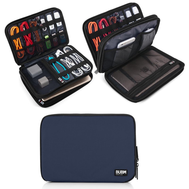 BUBM Double Layer Electronic Accessories Organizer, Travel Gadget Bag for Cables, USB Flash Drive, Plug and More, Perfect Size Fits for iPad Mini (Medium, Dark Blue) - Image 1